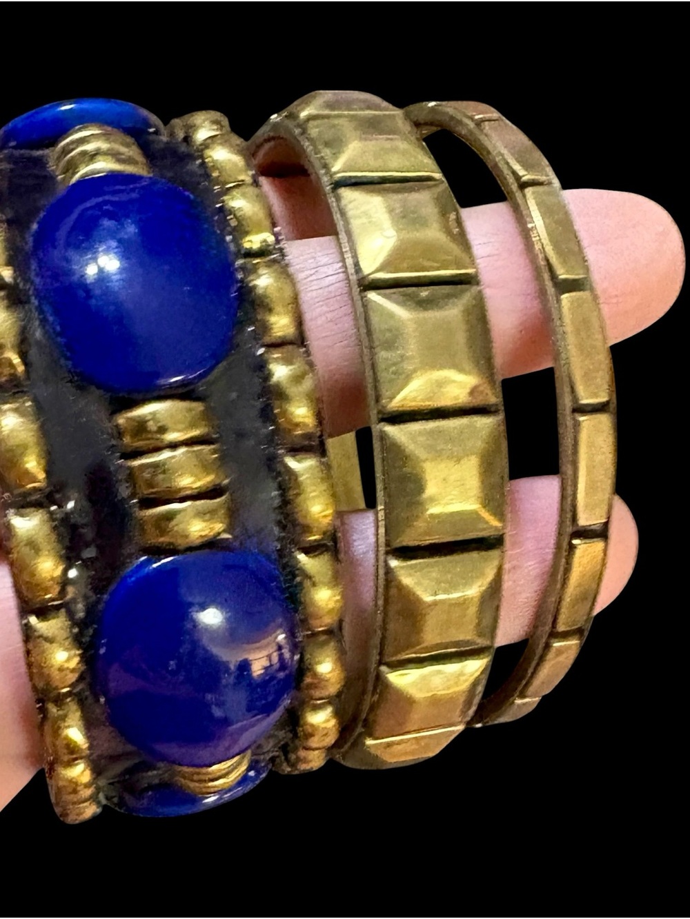 Vintage Brass Blue Cabochon Bracelet & 2 Additional Stackable Bracelets